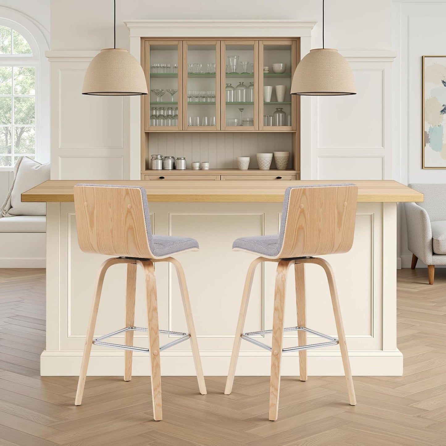 Vienna Modern Swivel Bar Height Stool with Grey Upholstered Seat and Patterned Oak Wood Frame Set of 4