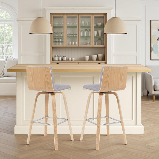 Vienna Modern Swivel Bar Height Stool with Grey Upholstered Seat and Patterned Oak Wood Frame Set of 4