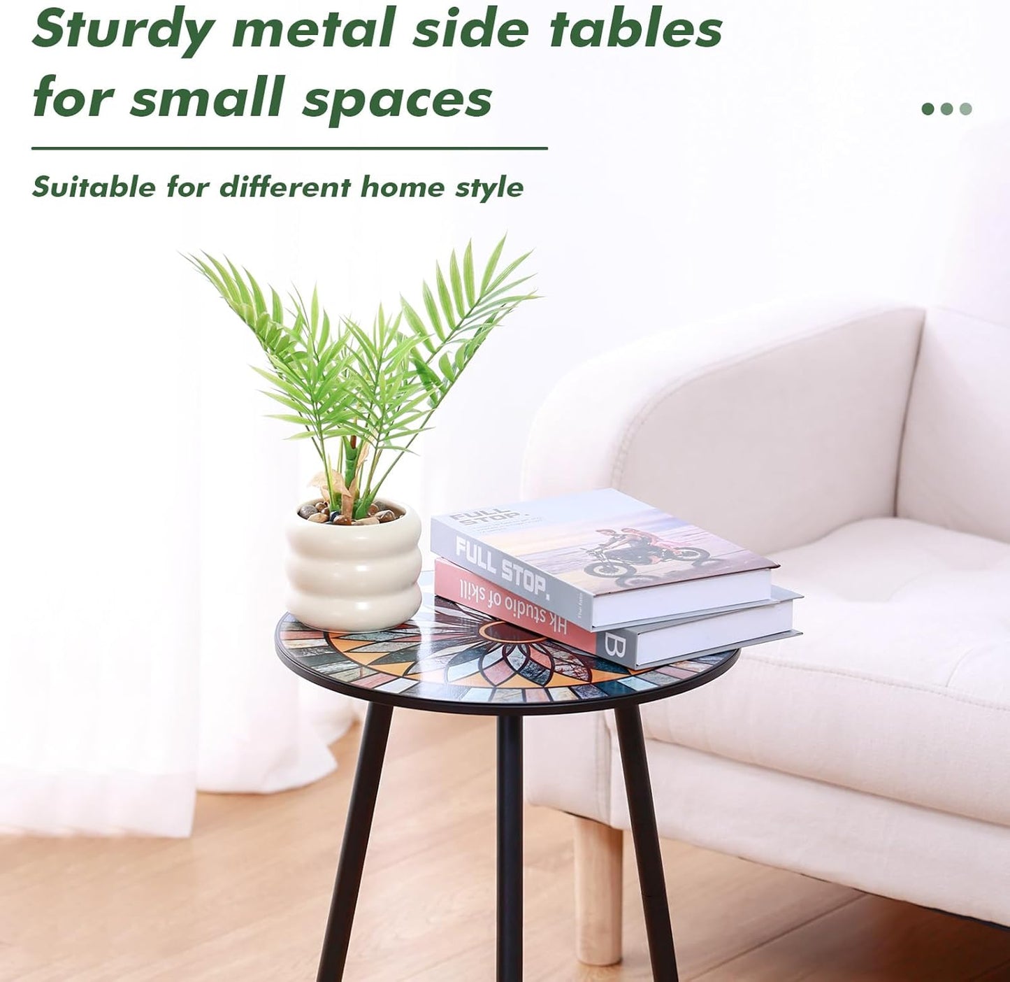 Party Zealot Metal Mosaic Round Side Tables Set of Two 13.4" Small Outdoor Patio Round Accent Coffee Tables Indoor Corner Stand for Small Spaces Weather-Resistant for Balcony Plant Stand