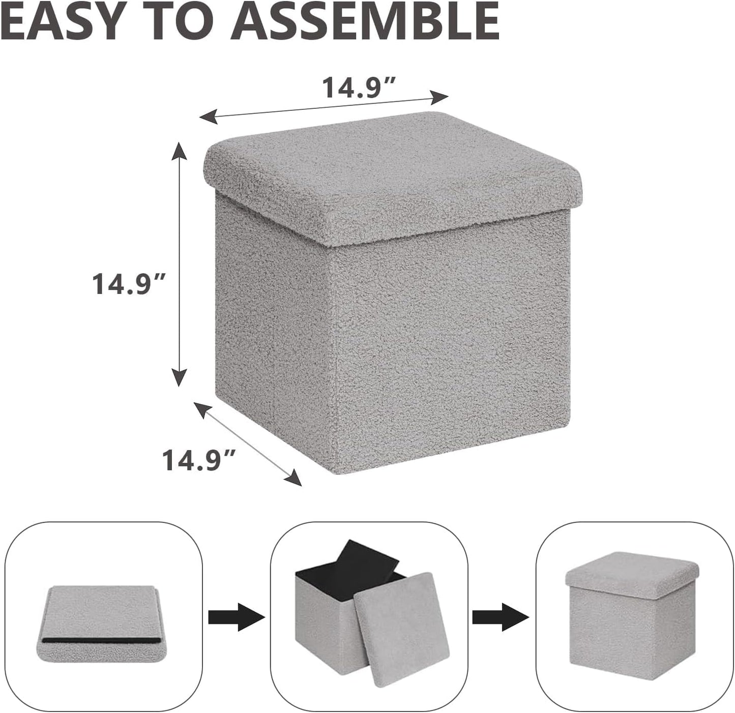 Folding Storage Ottoman Cube - Small Footrest with Sherpa Top, Multi-Functional Storage for Bedroom, Living Room-Grey