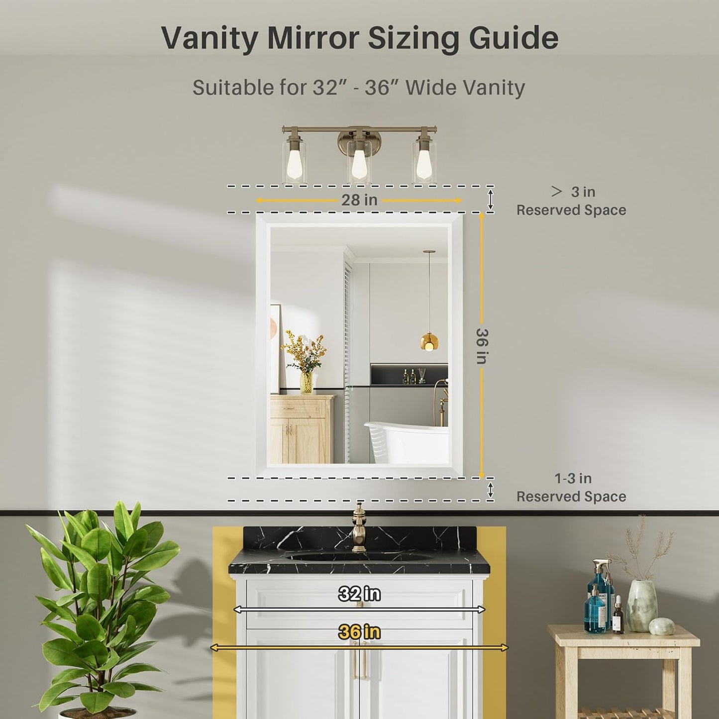 28x36 Inch White Bathroom Mirror for Wall, Thick Metal Framed Rectangle Mirrors for Over Sink, Bedroom, Living Room, Entryway, Anti-Rust, HD Tempered Glass