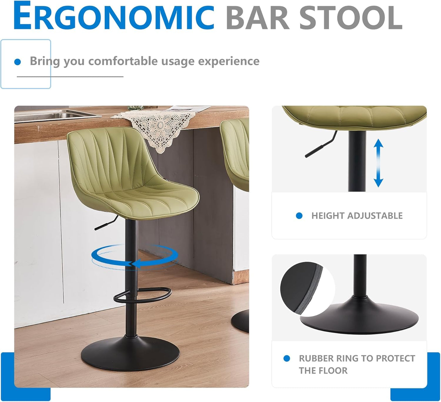 YOUNIKE Bar Stools Set of 2 for Kitchen Island, Grass Green Faux Leather Padded Counter Height Stools, Adjustable Swivel Barstools with Back, Modern Tall Stools with 300LBS Support