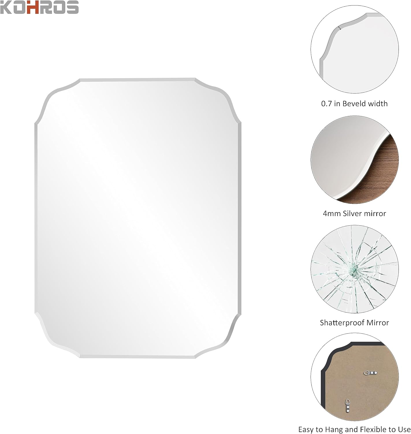 KOHROS Frameless Scalloped Beveled Edges Mirror 20" x 28" Bathroom Mirrors for Over Sink Silver Wall Mirror for Bathroom, Vanity, Bedroom (Horizontal or Vertical)