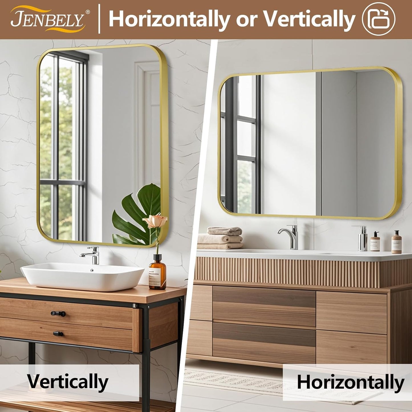 40x30 Inch Gold Mirror, Framed Rectangle Mirror with Rounded Corner, Brushed Brass Mirror, Gold Bathroom Mirror for Over Sink, Vanity, Living Room, Bedroom, Horizontal/Vertical