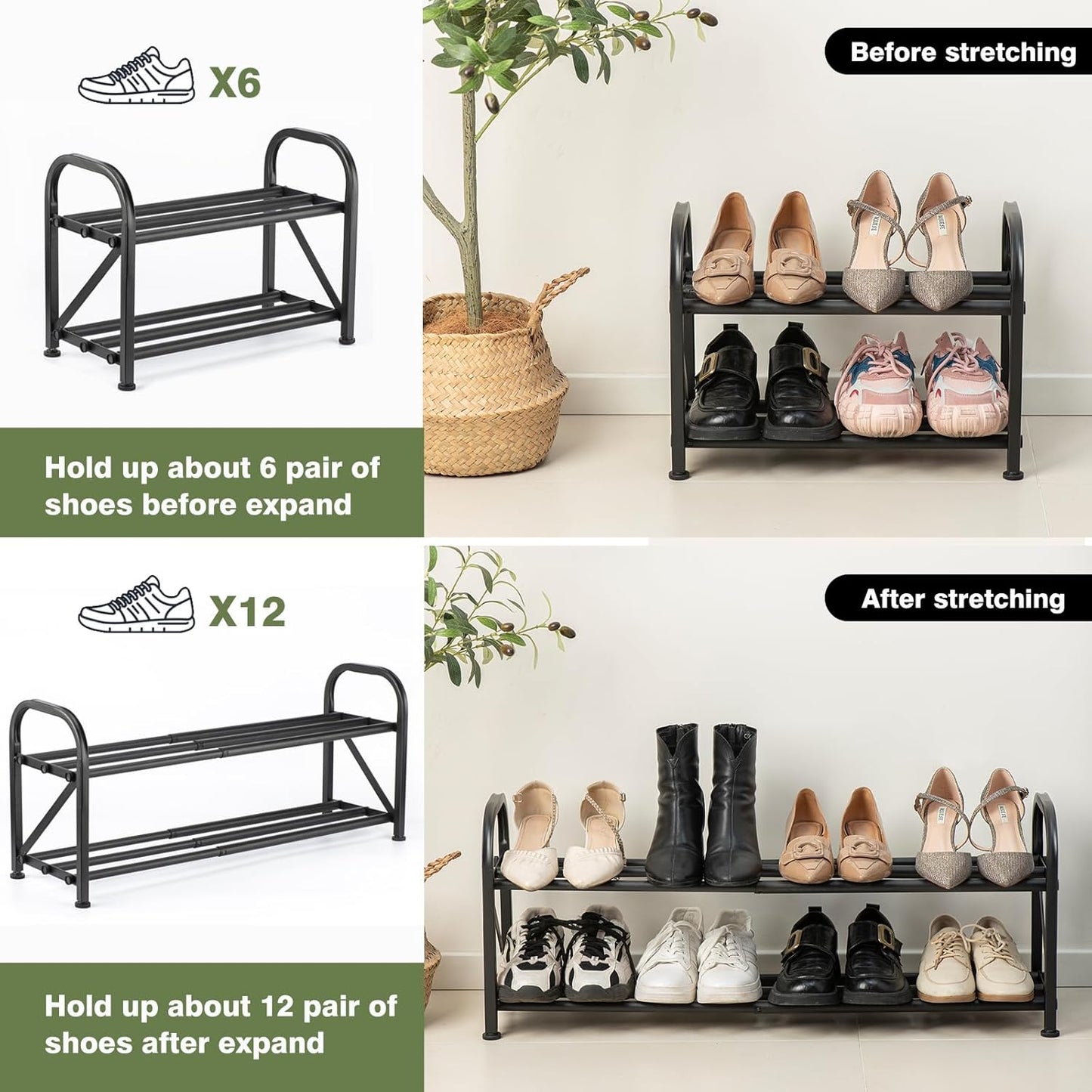 2-Tier Shoe Rack for Closet, 16"-33" Expandable ShoeRack, Adjustable for Entryway Closet Doorway SturdyMetal, Black