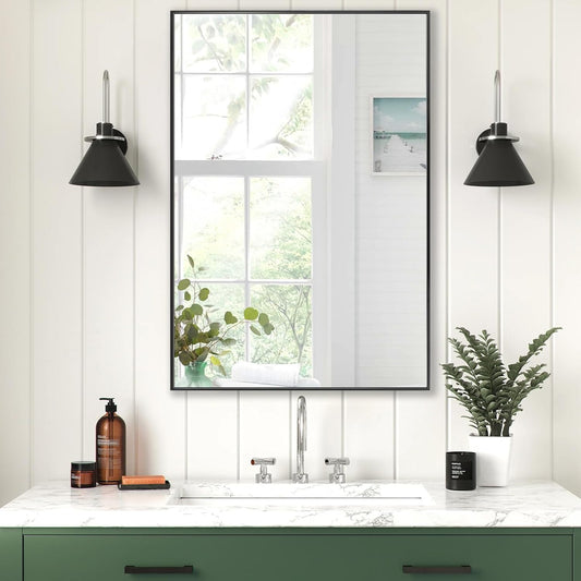24x36 Inch Black Bathroom Mirror, Copper-Free Mirror, Aluminum Alloy Frame Vanity Mirror, Rectangle Wall Mounted Mirror, Modern Mirror for Bedroom/Living Room/Porch Horizontal or Vertical