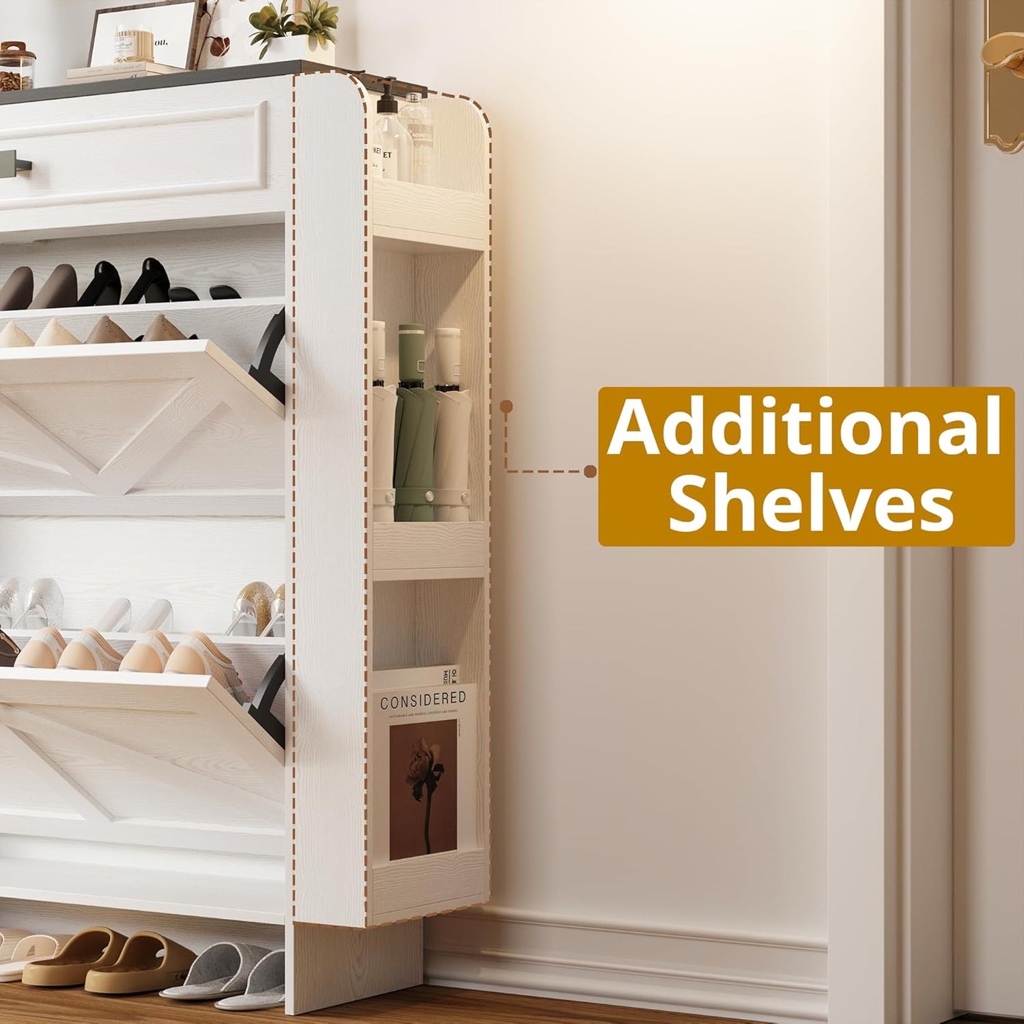 IRONCK Shoe Storage Cabinet with 2 Flip Drawers & Barn Door Design, Freestanding Shoe Cabinet Organizer with Drawer and Shelves for Entryway, Farmhouse Shoe Rack Cabinet, White/Black