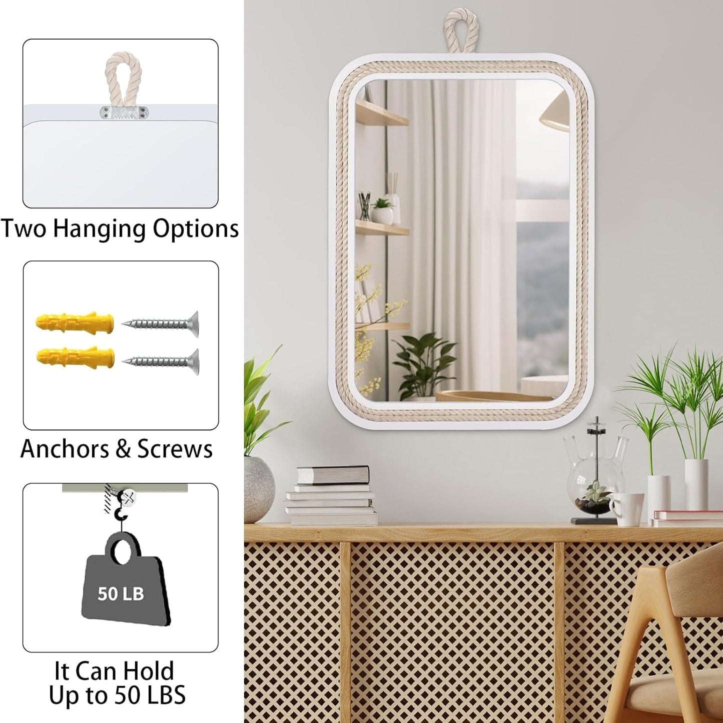 Nautical Rope Mirror Rectangular Hanging Mirrors for Wall 22''Lx16''W White Decorative Mirror Farmhouse Mirror with Rope for Bathroom,Livingroom,Entryway-Beachy Coastal Wall Decor