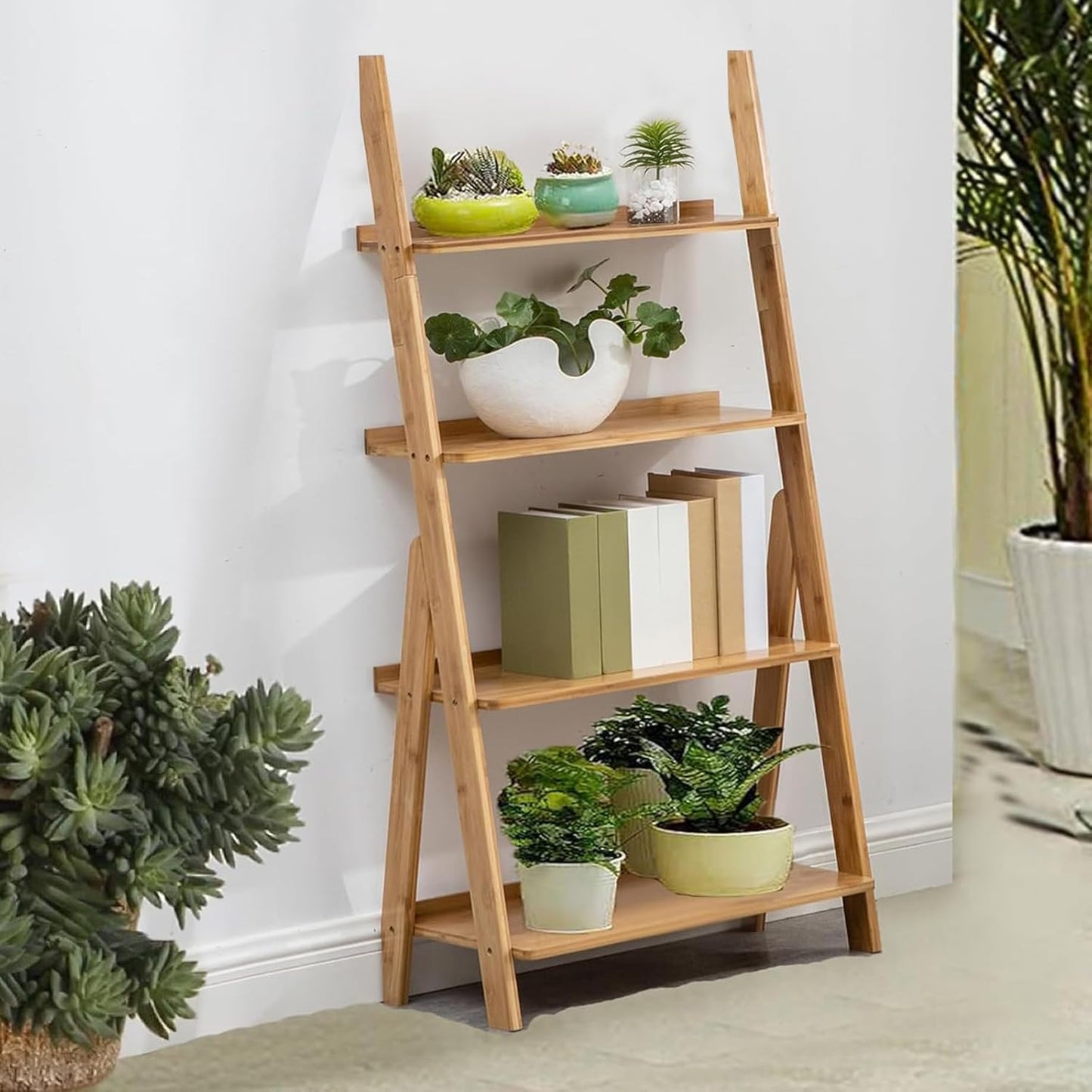 Maydear Bamboo Ladder Shelf Bookcase, 4-Tier Leaning Bookshelf Free Standing Organizer Storage Shelves for Living Room, Bedroom, Kitchen, Home Office, Balcony, Wood Color