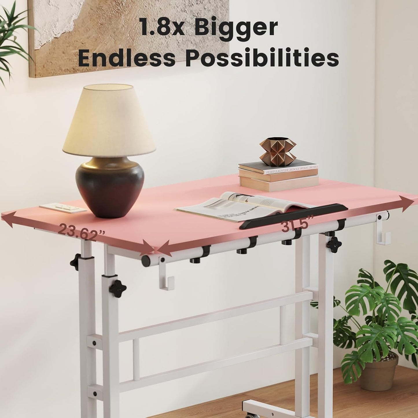 SIDUCAL Mobile Stand Up Desk with USB Ports and Outlets, Adjustable Laptop Desk on Wheels, Home Office Workstation, Rolling Laptop Cart for Standing or Sitting, 31.5" x 23.6"Pink