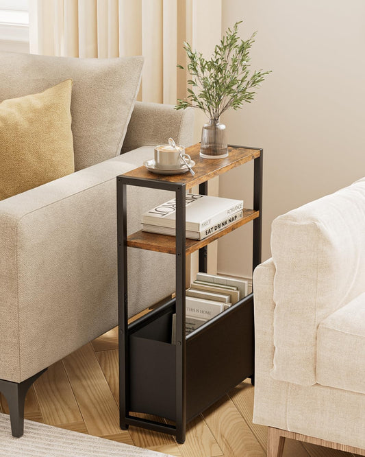 Narrow Side Table End Table, 3-Tier Side Table with Storage Bag, Narrow Nightstand for Small Spaces, Bedside Table for Living Room, Bedroom, Rustic Brown