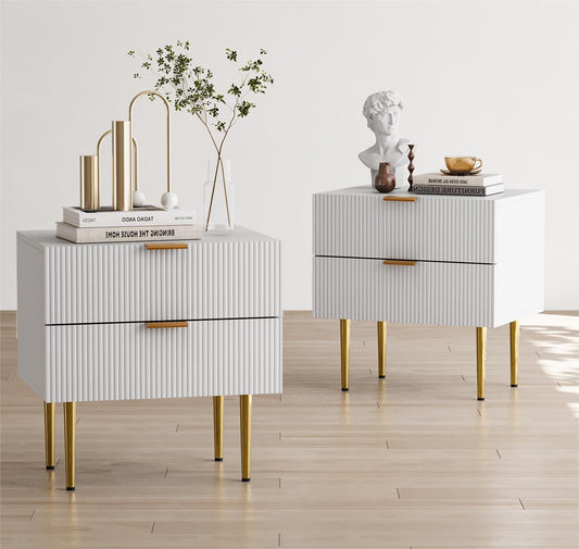 White Nightstand for Bedroom, Fluted Night Stand Set of 2, Mid Century Modern Bedside Table with Gold Metal Legs