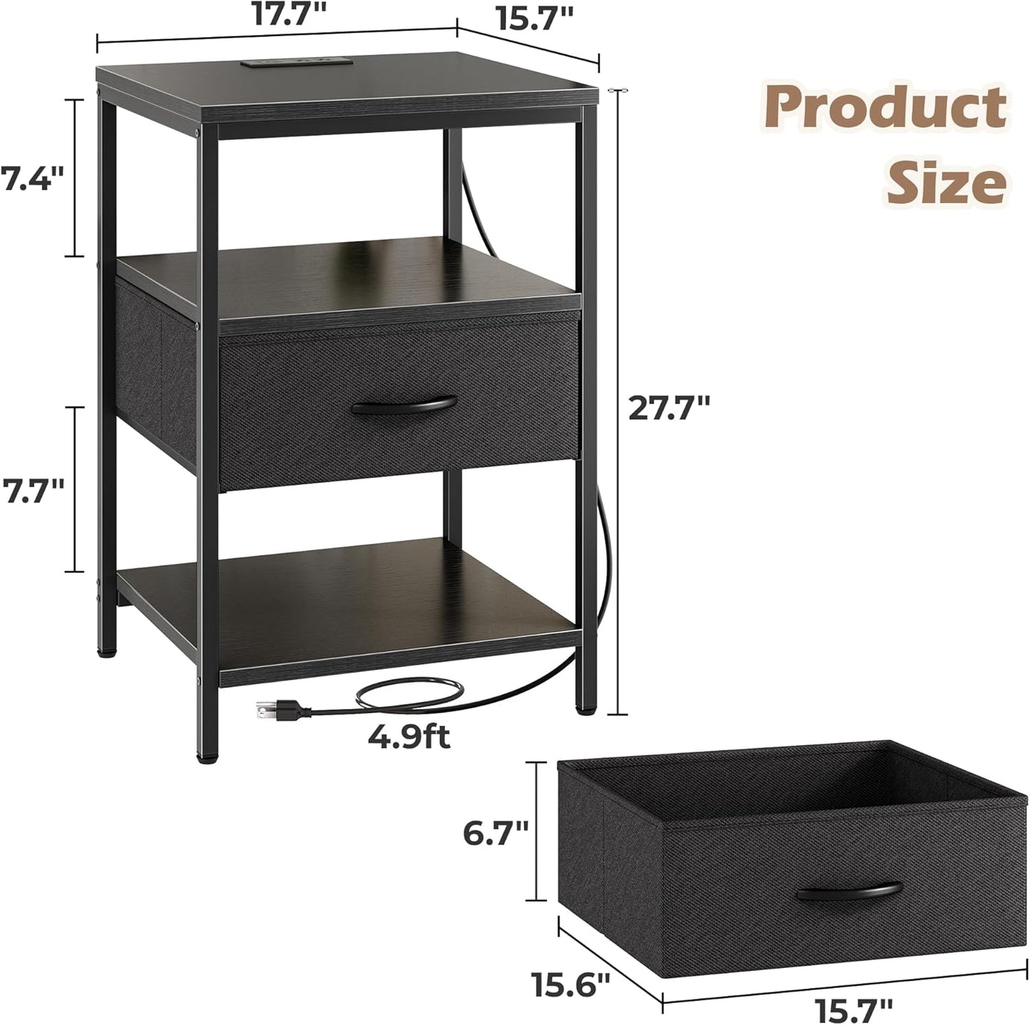 SUPERJARE Night Stand with Charger Station, 27.7 Inch Tall Nightstand with Adjustable Fabric Drawer, Bed Side Table, Fabric Drawer Dresser for Bedroom, Living Room, Black