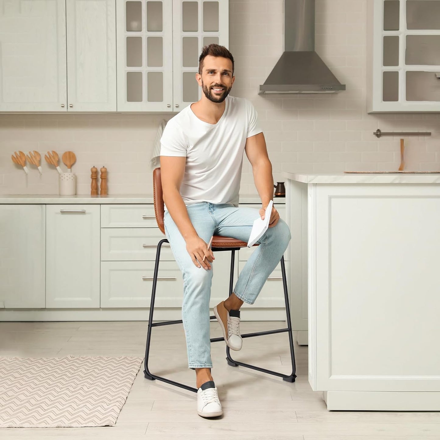 DUMOS 26 Inch Counter Height Bar Stools Set of 4, Modern Faux Leather High Barstools with Back and Metal Leg, Bar Chairs for Kitchen lsland, Brown