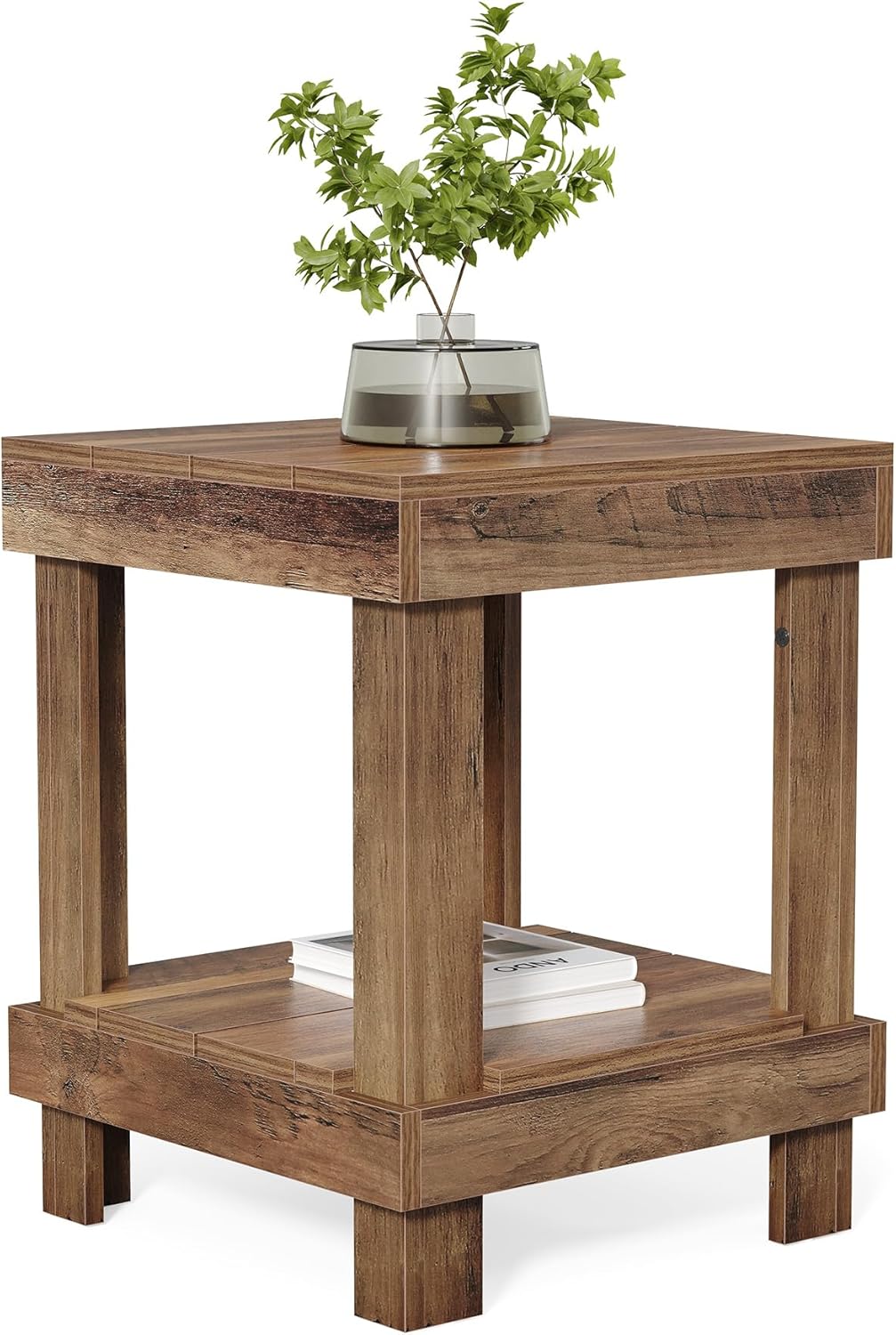 LITTLE TREE 2-Tier End Table, All Wooden Square Side Table with 2 Storage Shelves, Farmhouse Chairside Table Side End Table for Living Room, Small Bedside Table Nightstand for Bedroom, Natural Color