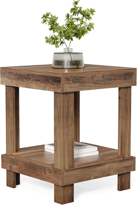 LITTLE TREE 2-Tier End Table, All Wooden Square Side Table with 2 Storage Shelves, Farmhouse Chairside Table Side End Table for Living Room, Small Bedside Table Nightstand for Bedroom, Natural Color
