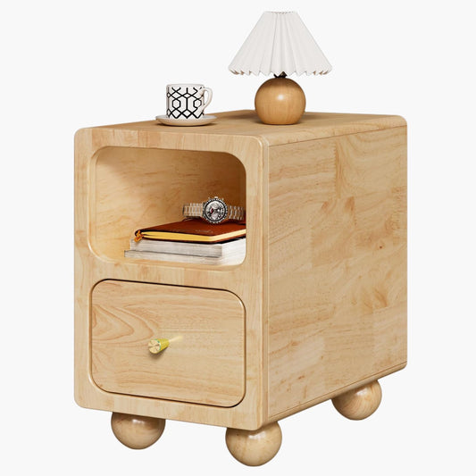 Solid Wood Night Stand, Narrow Night Stand with Drawers, Natural Mid Century Modern Nightstand, Small Beside Table with Open Storage Shelf for Bedroom (12 inch)