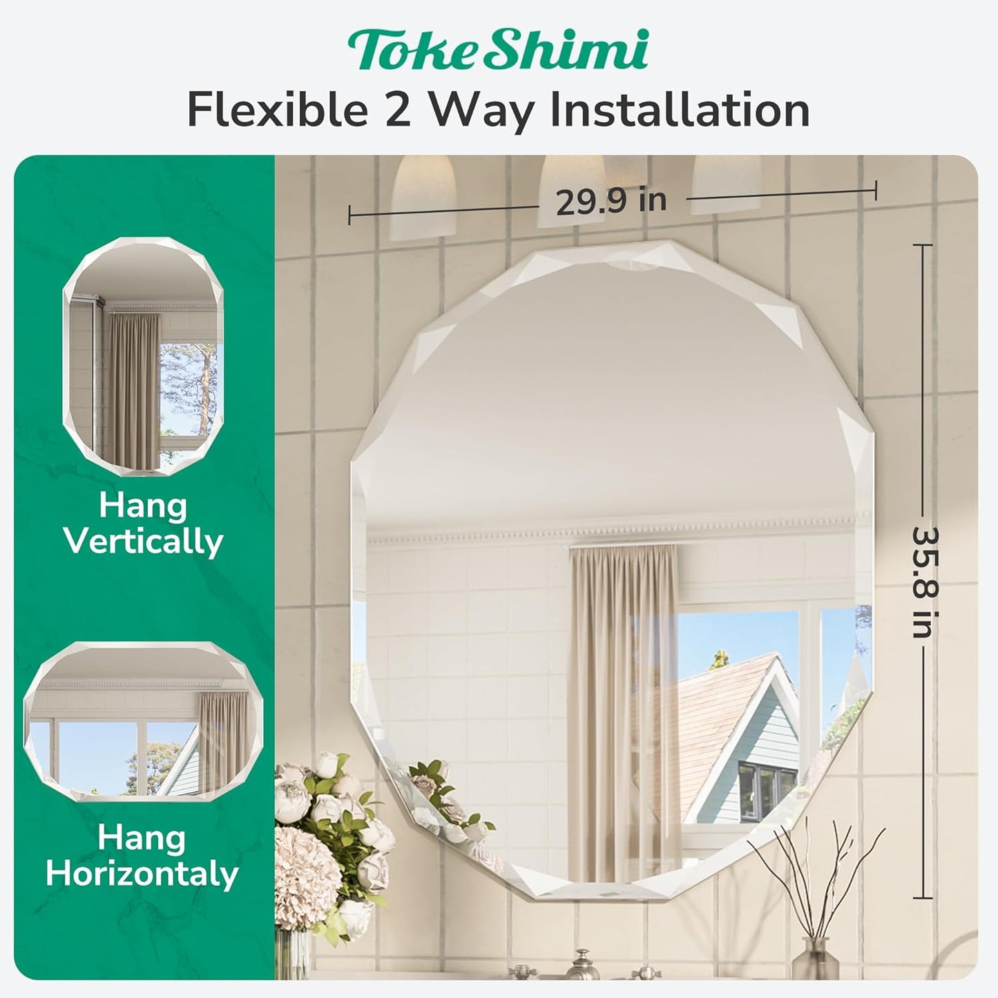 TokeShimi 30x36 Beveled Bathroom Mirror Frameless Stylish, Irregular Wall Mirrored, Shatterproof Decorative Oval Bathroom Vanity Mirror Modern Round for Living Room, Entryway, Restroom