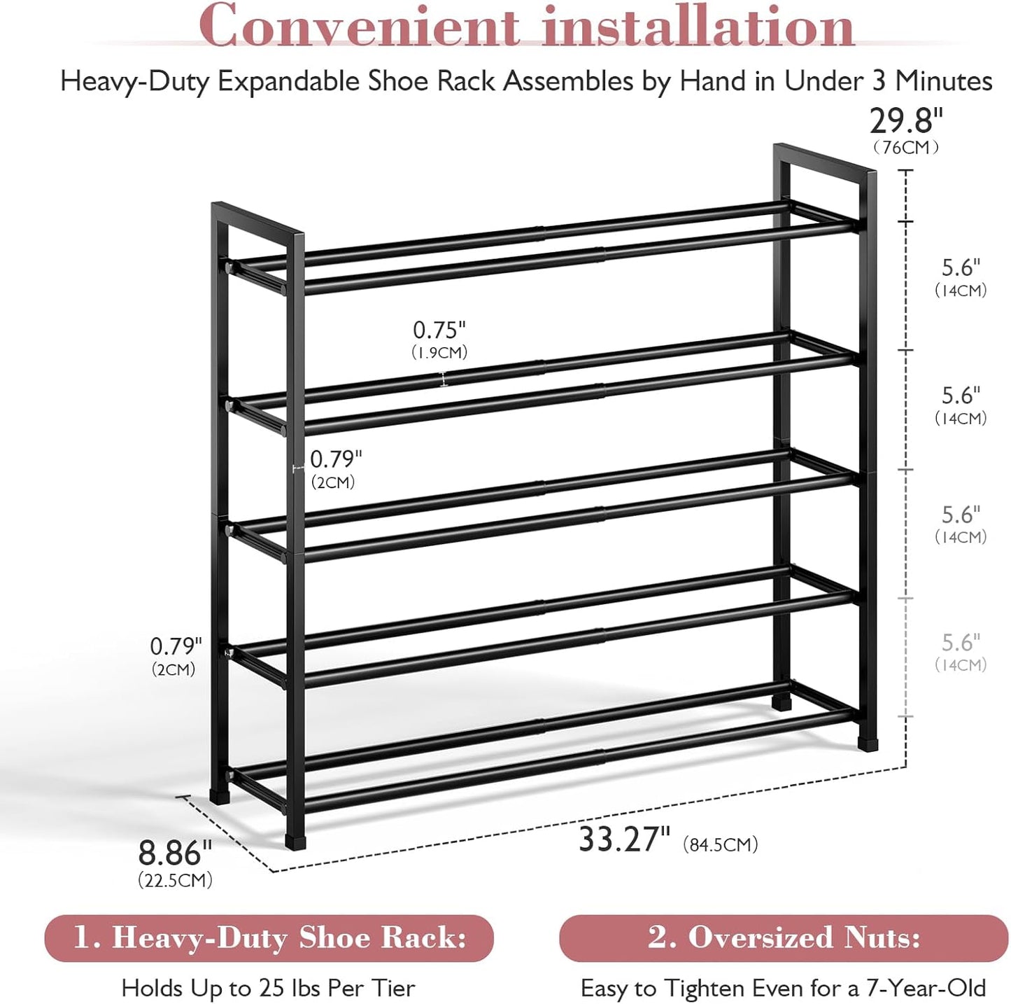 Bumusty 5-Tier Expandable Shoe Rack for Closet, 18“-33” Adjustable Shoe Rack for Small Space, Small Shoe Organizer for Front Door, Sturdy Metal (Black)
