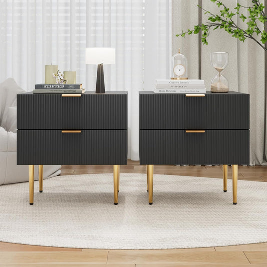 Set of 2 Nightstand, Black Mid Century Modern Night Stand with Fluted Panel, Bedside Table with 2 Drawer, Large NightStand with Gold Leg for Bedroom