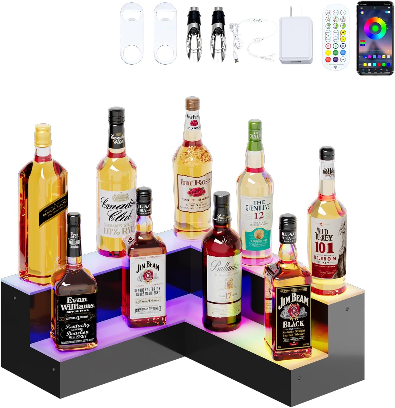 Dethan 2 Tier 20 Inch Liquor Bottle Display Shelf - L-Shape Corner Wine Racks with Multi-Color App & Remote Control, Adjustable Brightness & Sound Modes, Acrylic Bar Shelves for Displays