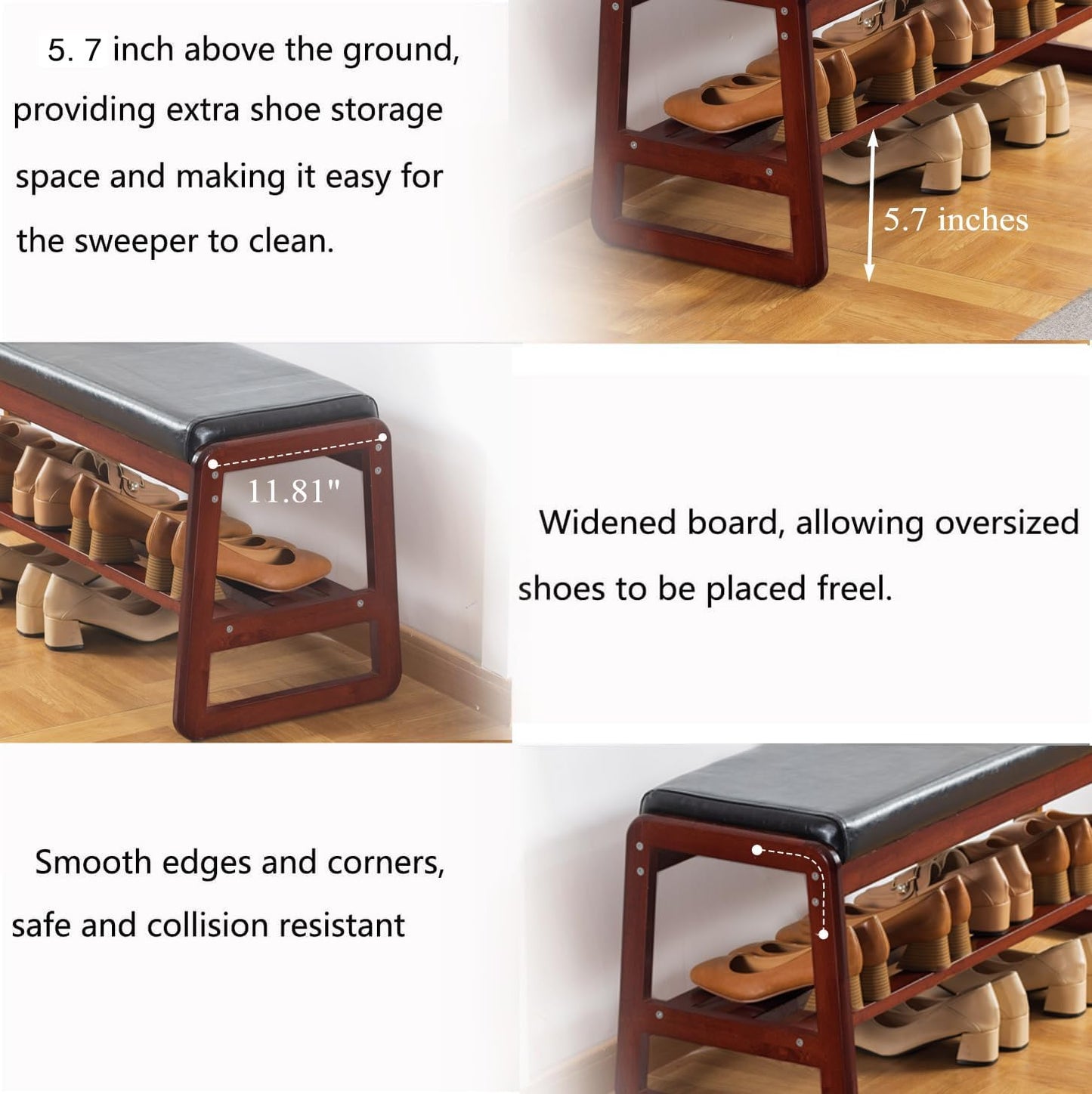 Solid Wood Shoe Bench, 2-Tier Wooden Entryway Bench, Modern Shoe Rack with Faux Leather Cushion for Hallway, Living Room (Black, 21.65'')