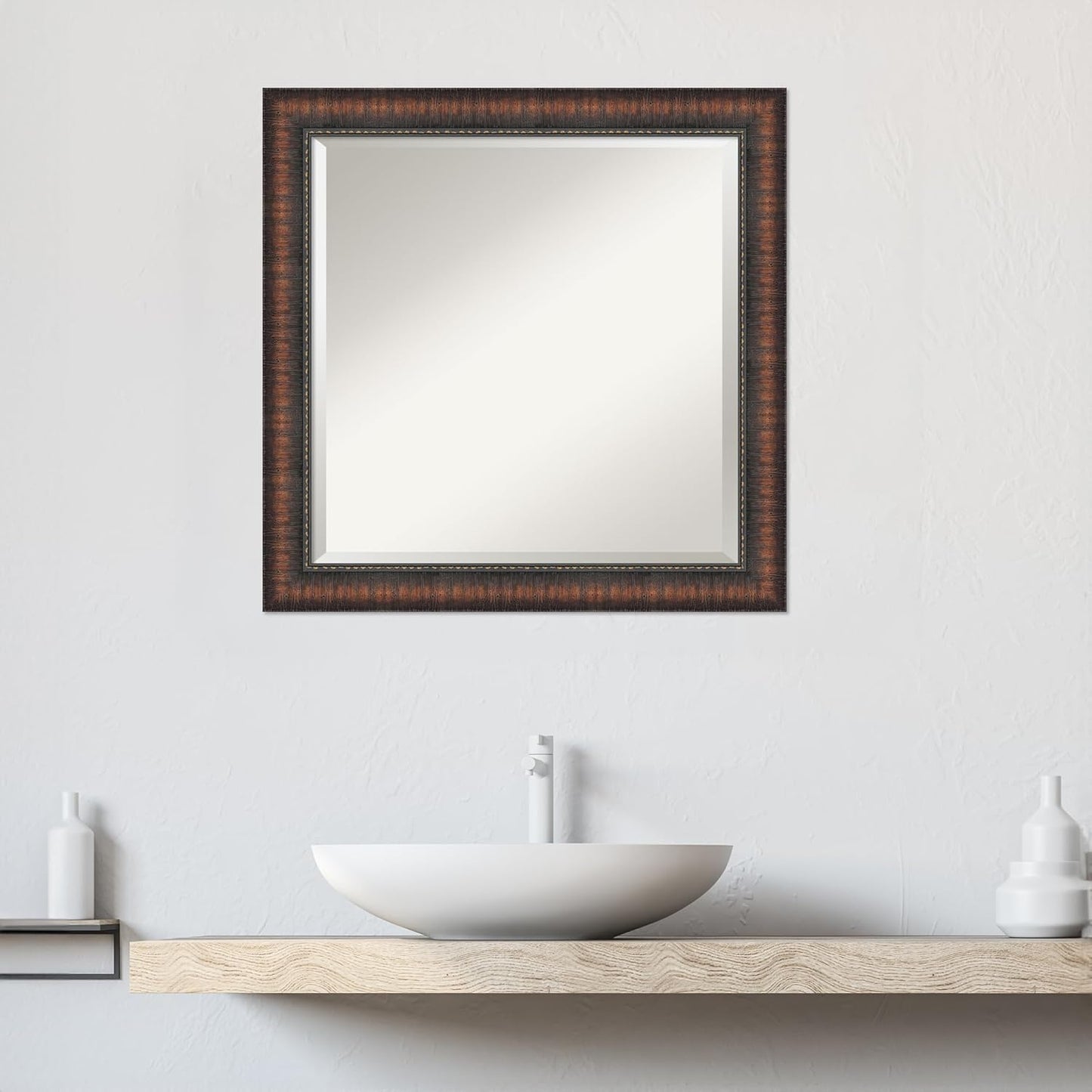 Amanti Art Brown Bathroom Mirror for Over Sink, 24x24 Caleb Brown Square Vanity Mirror, Medium Rustic Farmhouse Frame, Hangs Horizonally and Vertically, Bathroom Wall Decor, Beveled Edge from WI, USA