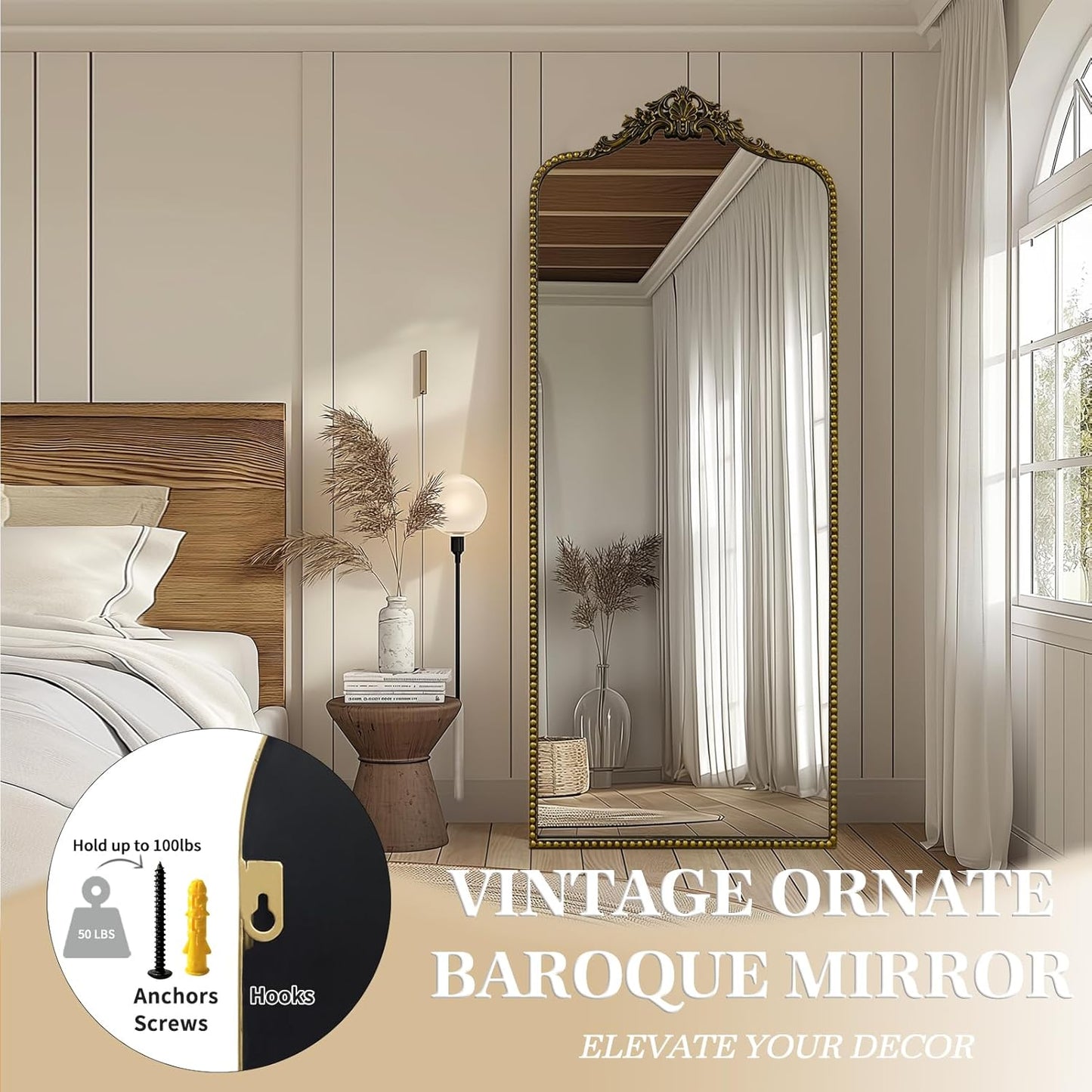 G-LEAF Vintage Baroque Full Length Floor Mirror 75"X30", Victorian Antique Mirror with Brush Black Ornate Metal Frame for Fireplace Entryway Living Room Hallway Bathroom