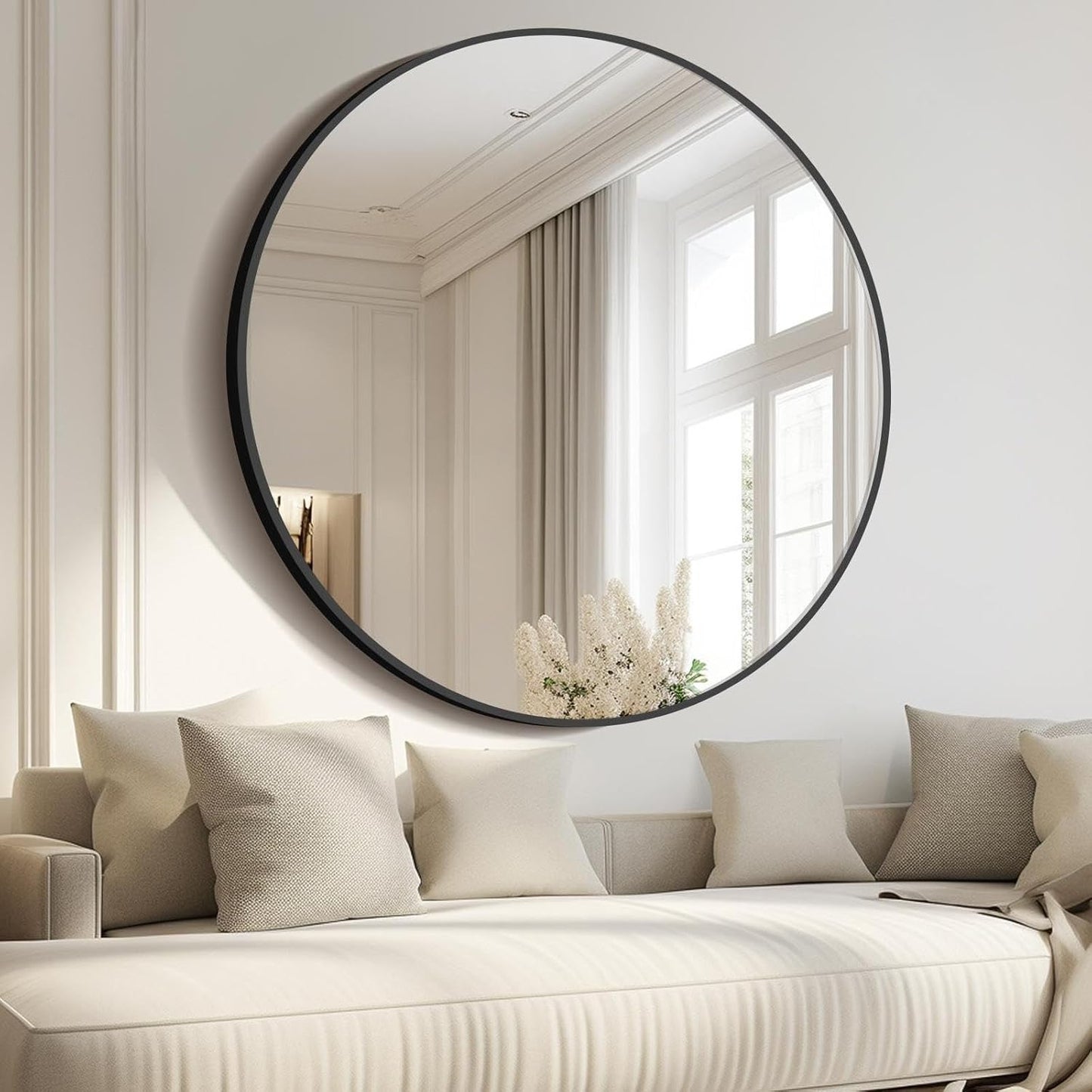 Black Round Mirror, 48 inch Large Circle Mirrors, Oversized Round Bathroom Mirrors, Aluminum Metal Frame Big Round Mirror, Huge Circluar Wall Mirror for Bathroom Living Room Entryway Bedroom