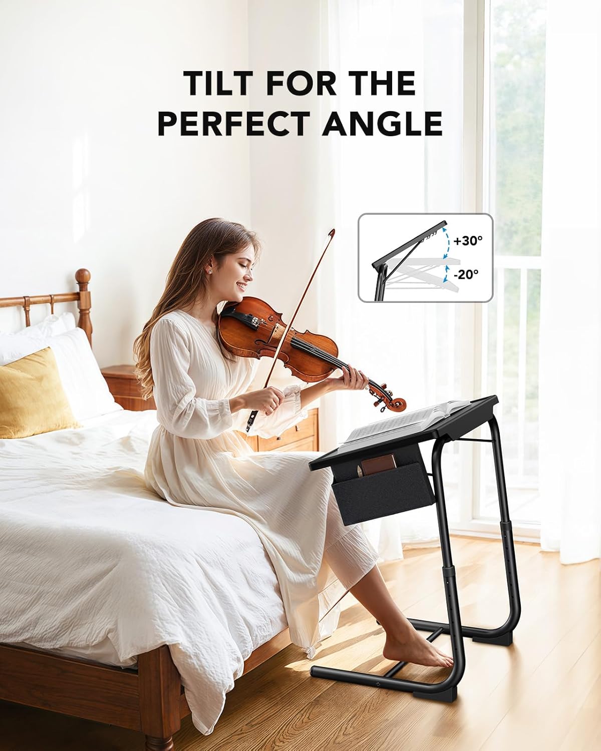 HUANUO TV Tray, Adjustable TV Dinner Tray, 20.5 x 15.4 inch Folding Tray Table with Storage Pocket, 6 Height Settings, 3 Angle Adjustments, Comfortable Tray Tables for Bed & Sofa, HNTT04B