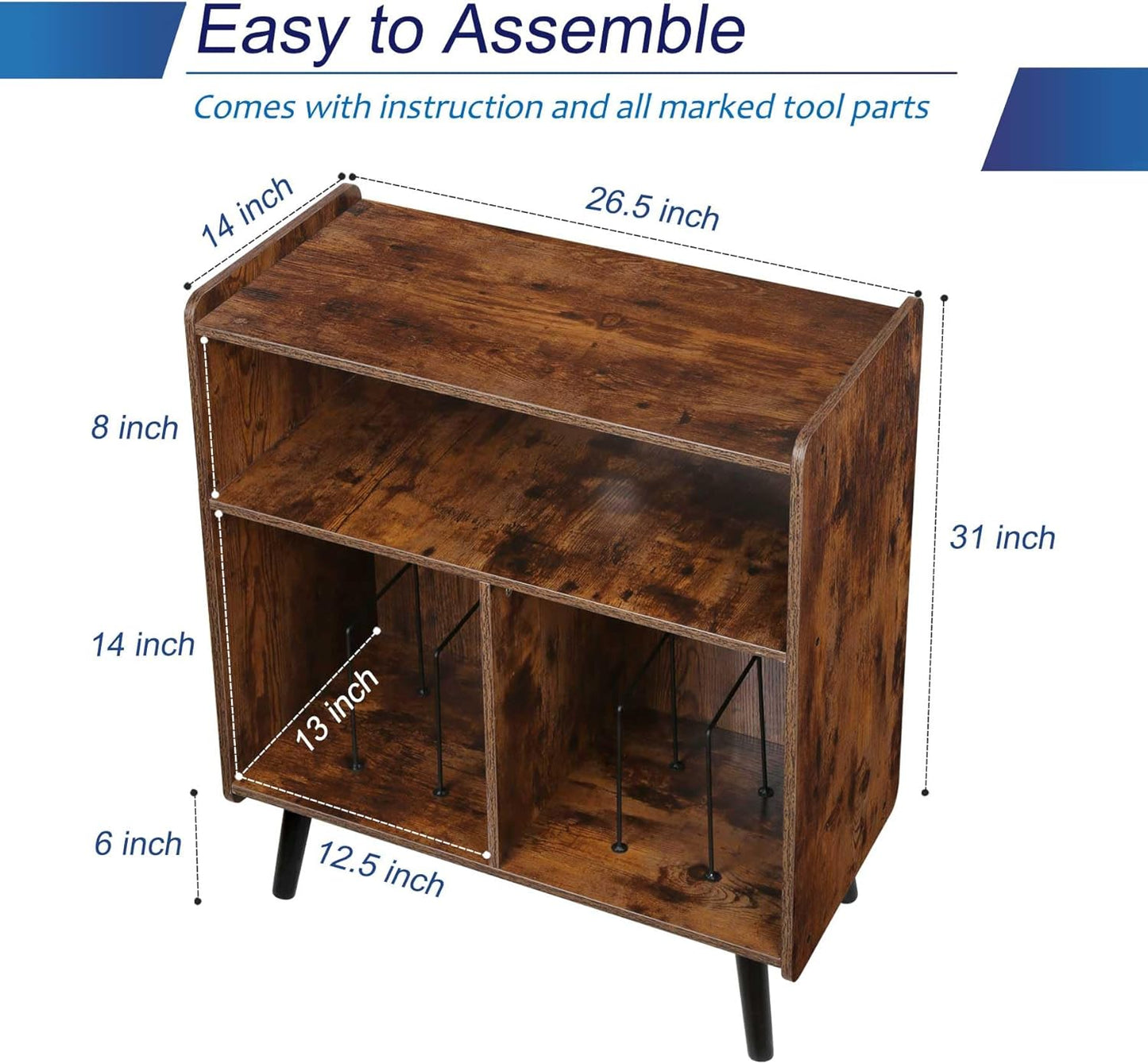 3-Tier Vintage Record Player Stand, Mid-Century Vinyl Record Storage Cabinet Table Holds up to 100 Albums, Large Wood Turntable Stand for Living Room, Office, Rustic Brown