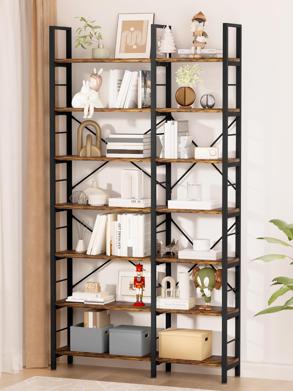 7-Tier Corner Bookshelf, Reversible Wooden Shelves, Industrial Bookcase with Open Shelves and Sturdy Metal Frame, Display Shelf Storage Rack for Living Room, Bedroom, Home Office (Rustic Brown)