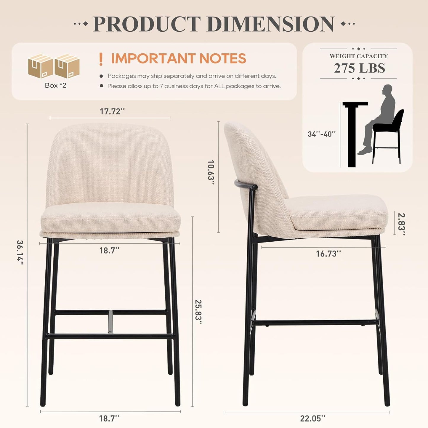 COLAMY Counter Height Bar Stools Set of 4, 25 Inch Modern Fabric Kitchen Island Stools with Back, Upholstered Counter Barstools Armless Bar Chairs with Metal Legs for Island Dining Room Bar, Beige