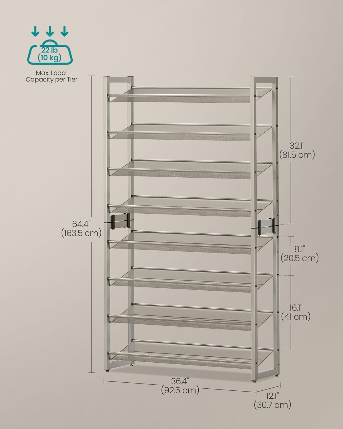 SONGMICS Shoe Rack, 8-Tier Shoe Organizer, Metal Rack for Garage, Set of 2, 4-Tier Stackable Shelf, with Adjustable Flat or Angled Shelves, 32-40 Pairs, Cappuccino Beige ULMR008L01