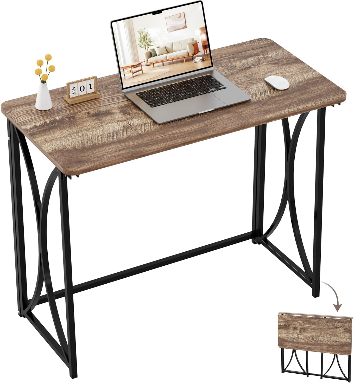 Small Desk, 31.5" Folding Table for Bedroom, Space Saving Folding Computer Desk for Home Office, Easy Assembly, Light Brown