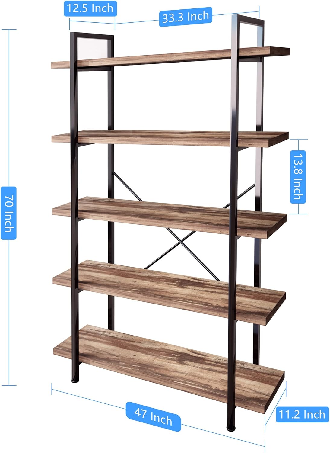 45MinST 5-Tier Vintage Industrial Style Bookcase/Metal and Wood Bookshelf Furniture for Collection,Vintage Brown, 3/4/5 Tier (5-Tier)