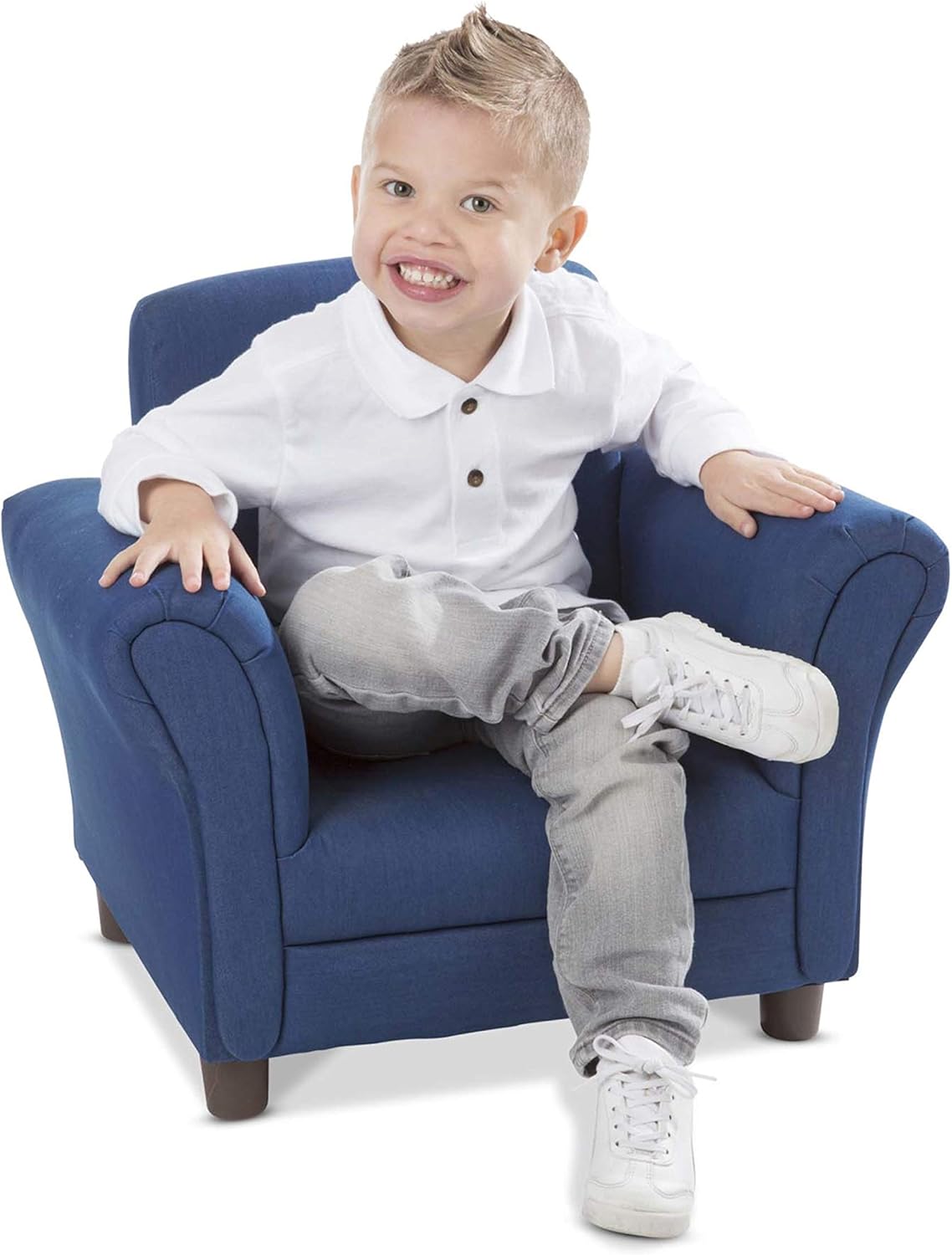Melissa & Doug Denim Fabric Child’s Armchair (Kid’s Furniture, 23”L x 17.5”W x 18.3”H) Children's Furniture, Child's Reading Chair, Chairs for Toddlers, Oversized Kid's Armchair