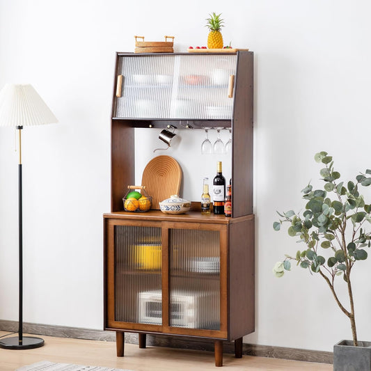 Tiita Kitchen Hutch with Countertop, 69” Rattan Solid Wood Pantry Cabinet with Hutch, Boho Bamboo Sideboard Buffet Cabinet, Boho Entryway Table for Living Room, Home Bar, Hallway, Walnut