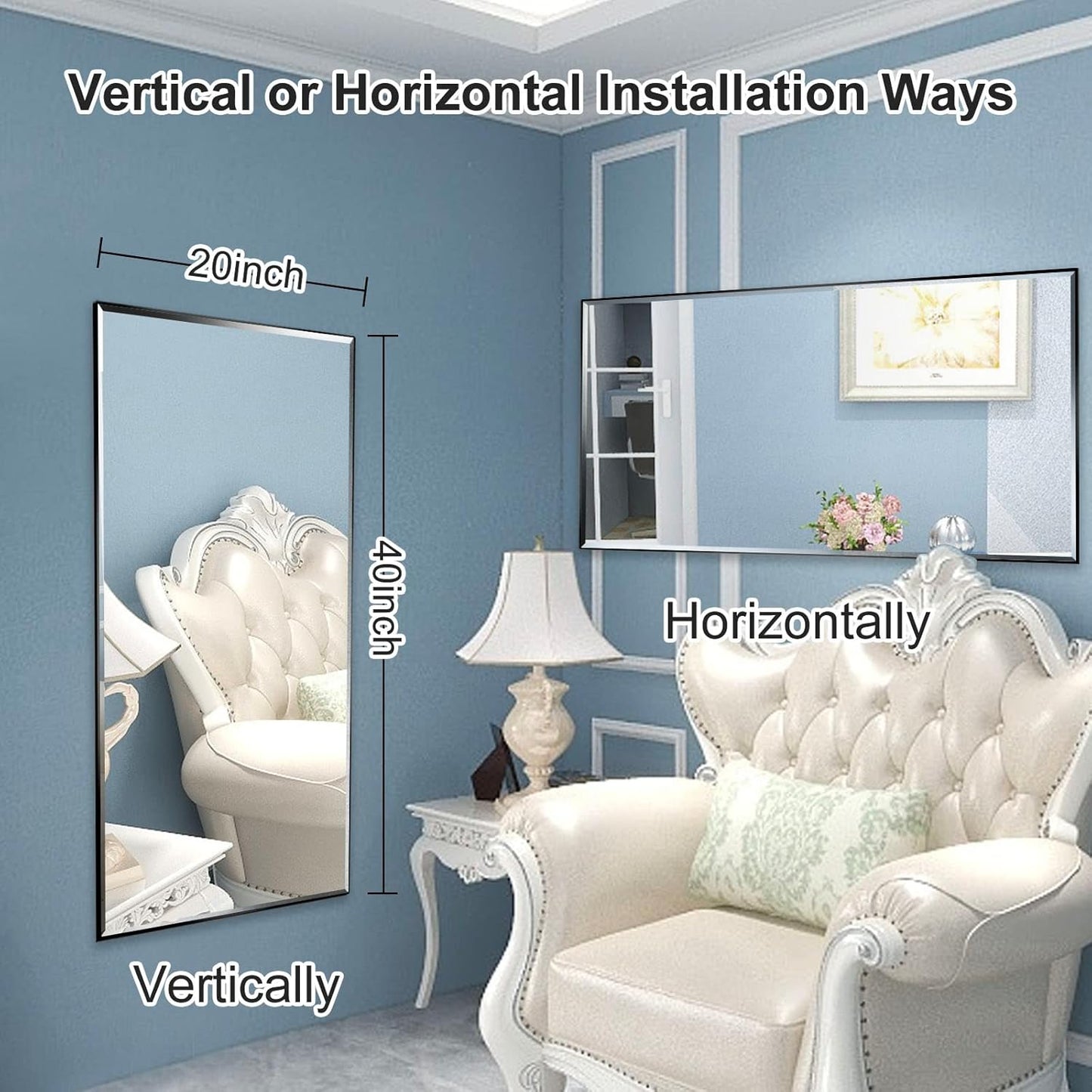 20x40 Inch Black Mirror with Beveled Trim, Aluminum Frame Bathroom Vanity Mirror, Copper-Free Mirror, Rectangle Wall Mounted Mirror, Modern Rectangular Mirror Horizontal or Vertical