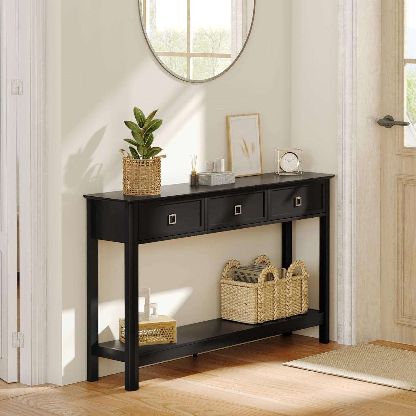 Treocho 53.1" Console Table with 3 Drawers, Modern Entryway Table, 2-Tier Narrow Long Sofa Table Behind Couch Table for Living Room, Hallway, Black