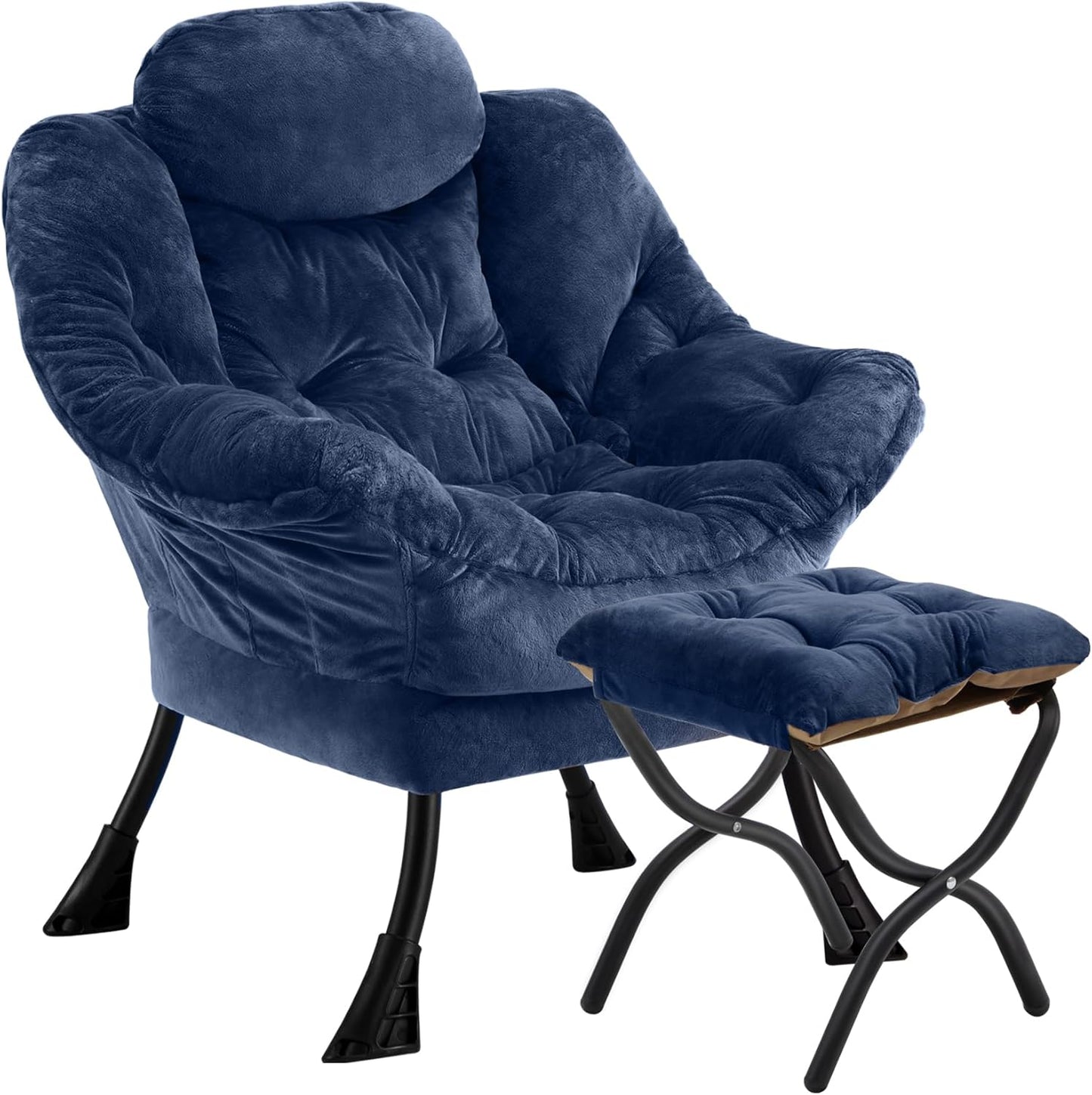 Lazy Chair with Folding Ottoman,Leisure Sofa Chair,Soft Fabric Armchair with Armrests and Side Pockets, Reading Chair with Footrest for Living Room, Bedroom, Office (Plush Navy)