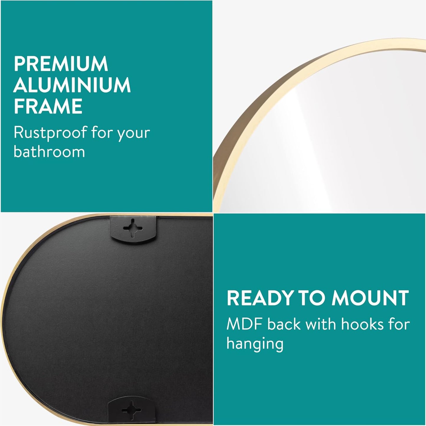 Navaris Oval Wall Mirror - 75 x 38 x 3 cm - Wall Mounted Hanging Mirror with Brushed Brass Rustproof Aluminium Frame - Mirror for Bathroom Bedroom Hallway