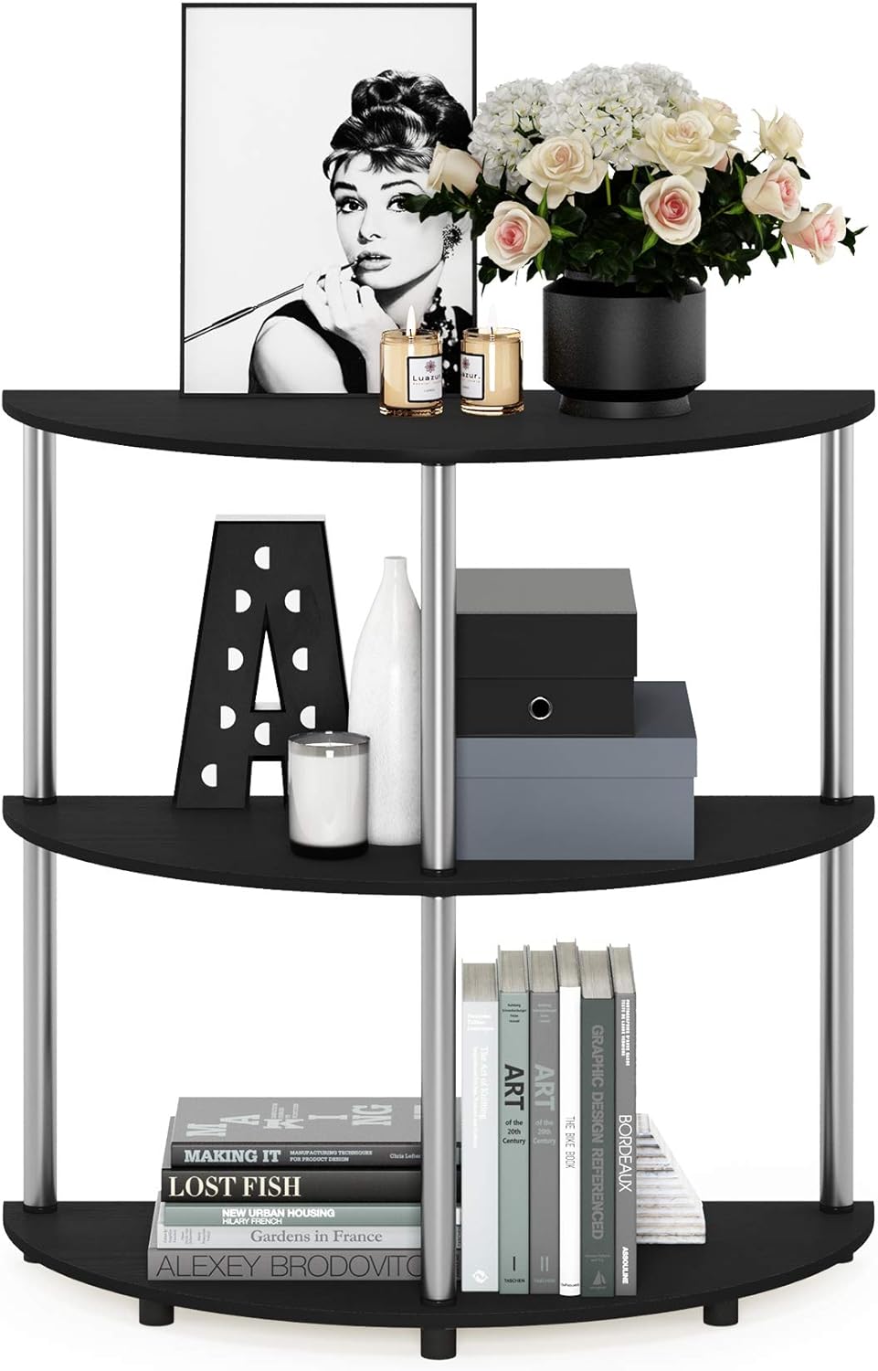 Furinno Frans Turn-N Half Round Console Table with Stainless Steel Tubes, Black Oak 15.6D x 31.1W x 30.8H in