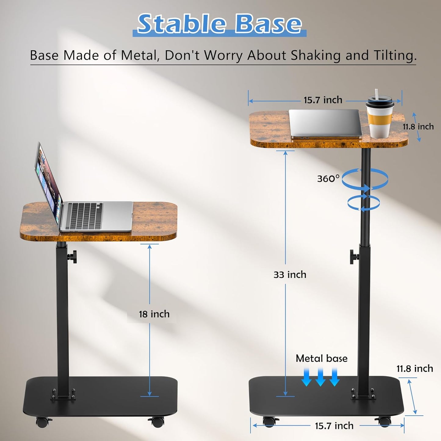 TV Tray Table Heavy Metal Base with Wheel Swivel/Adjustable Height Couch Table, Sofa Arm End Side Table for Living Room and Bedroom, Bed or Small Spaces