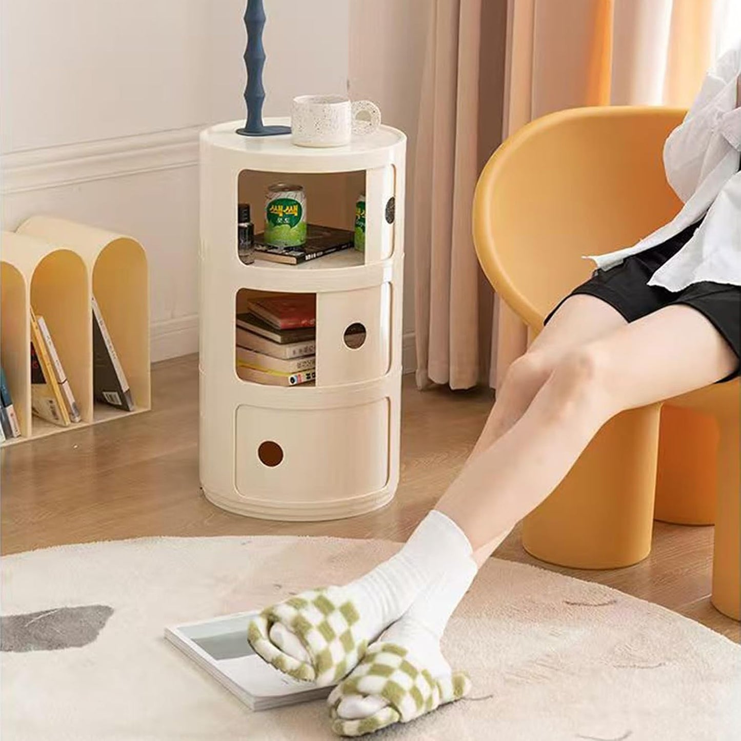 3 Tier Round Nightstand with Drawer, White Round Side Table Small Plastic Storage End Table Suitable for Bedroom, Living Room, Bathroom (White)