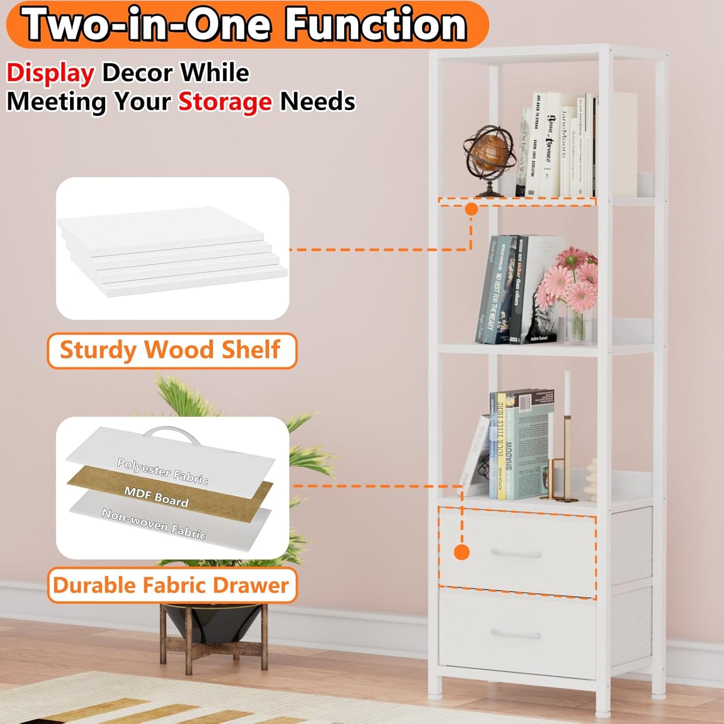 Furnulem 4-Tier Corner Shelf, Bookshelf with 2 Storage Drawers, 57.28”Tall Narrow Bookcase, Standing Shelf Organizer Unit for Living Room, Bedroom, Metal Frame, Wood Display Shelf