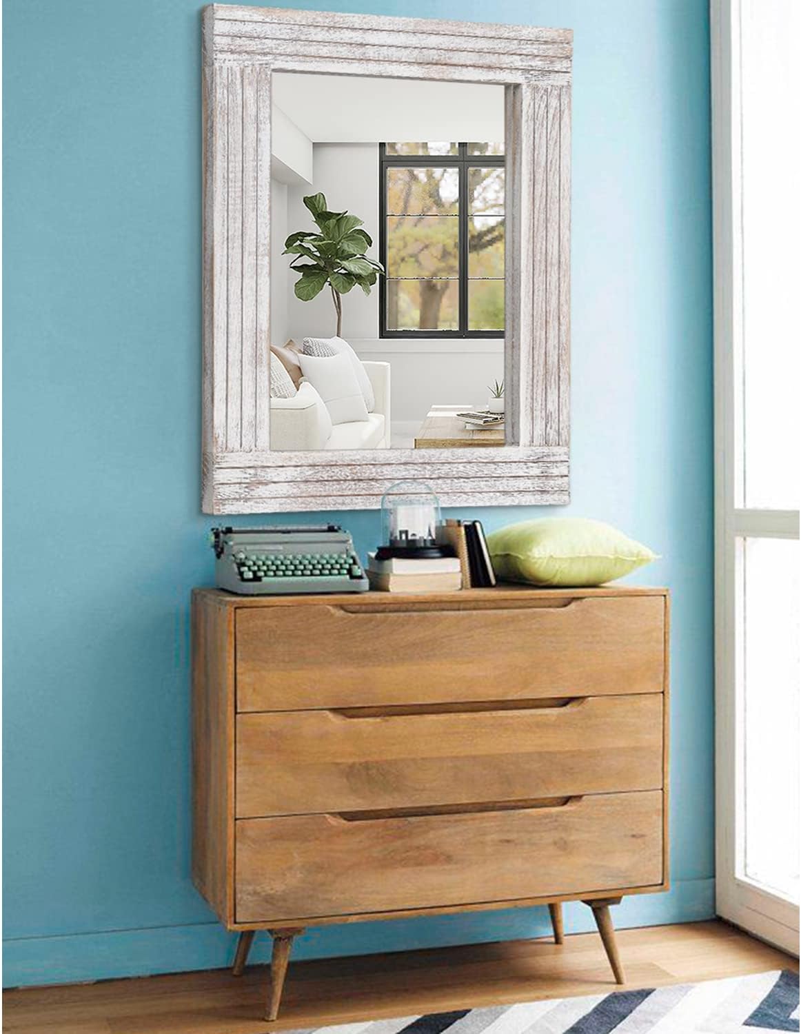 Wall Mirror Rustic Wooden Frame Rectangle Mirror Vintage Hanging Mirror for Bedroom Bathroom Living Room Farmhouse Wall Decor Large 26" x 18"