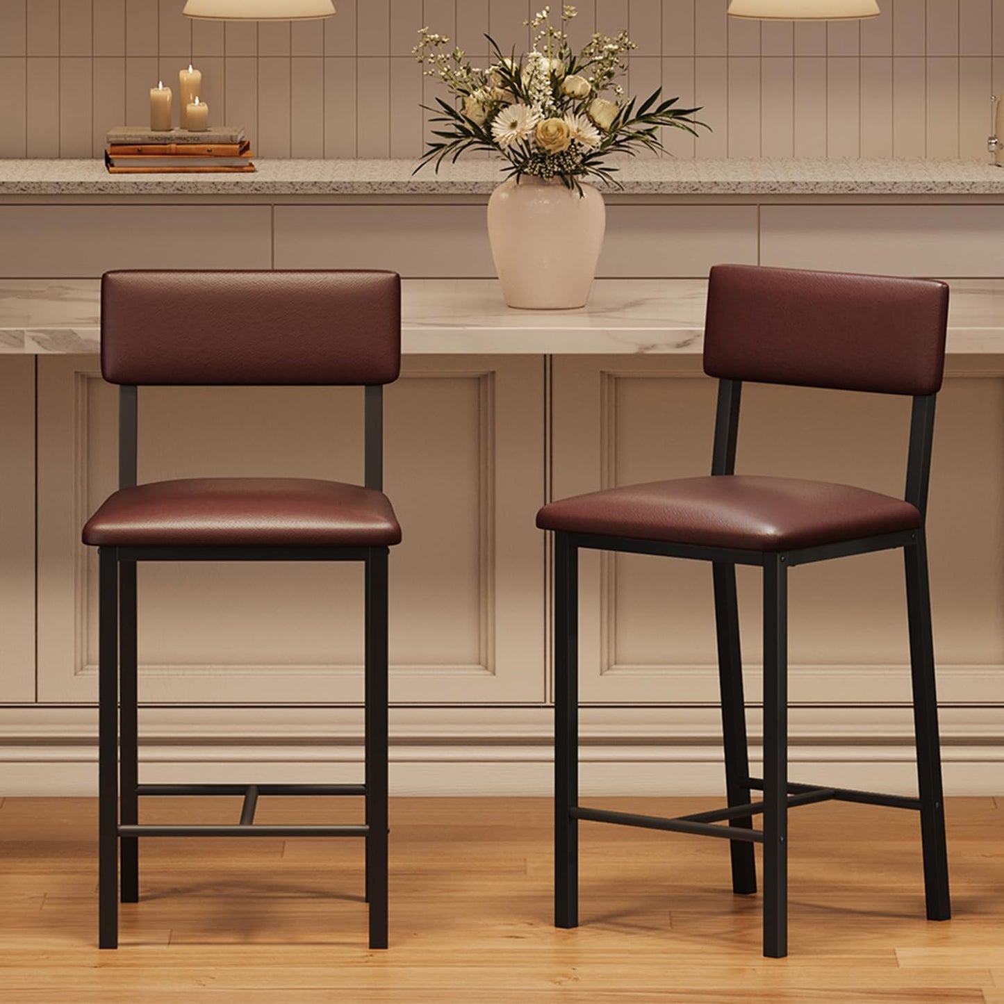 Garvee Bar Stools Set of 2, Kitchen Barstools with Thick Cushion, 25 Inch Counter Height Bar Stools with Backrest and Footrest, for Dining Room, Kitchen Island Counter Chairs, Retro Brown