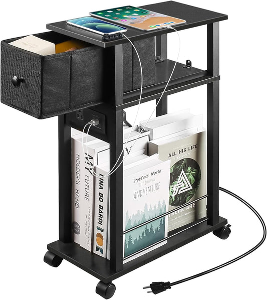 Side Table with Charging Station and Drawer, Narrow End Table with USB Ports and Outlets for Small Space, Living Room, Bedroom and Office, with 4 Wheels (1, Black)
