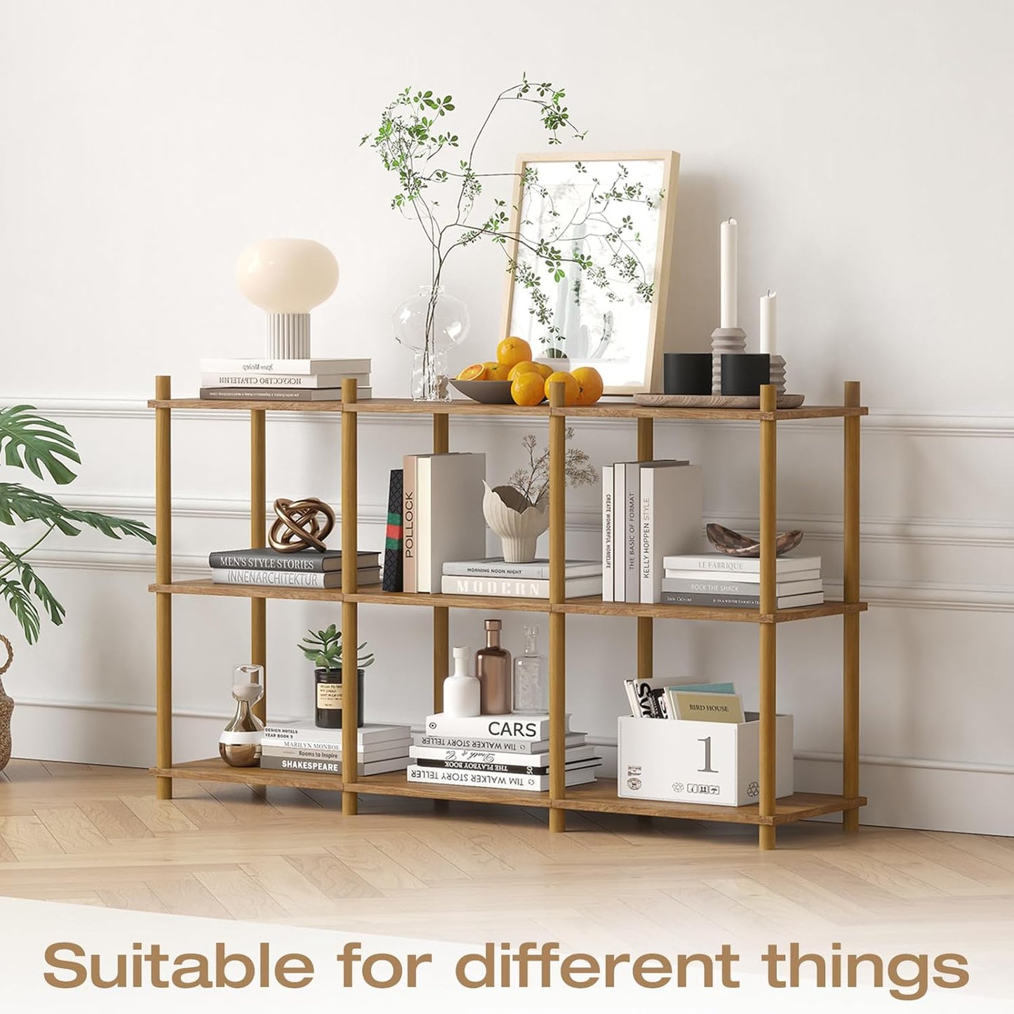 YGYQZ 3 Tier Short Book Shelf, 6 Cube Storage Shelf Organizer Bookshelf with Open Back, Long Horizontal Book Shelves for Office, Living Room, Bedroom, Rustic Brown